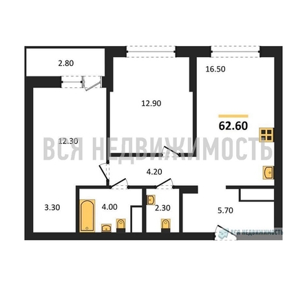 2-комнатная квартира, 62.6кв.м - изображение