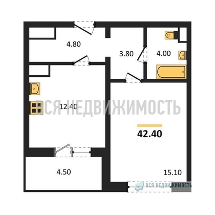 1-комнатная квартира, 42.4кв.м - изображение
