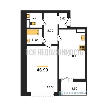 1-комнатная квартира, 46.9кв.м - изображение