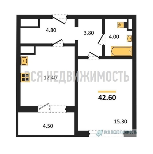 1-комнатная квартира, 42.6кв.м - изображение 0