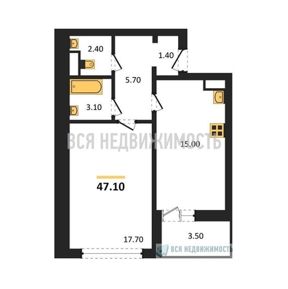 1-комнатная квартира, 47.1кв.м - изображение