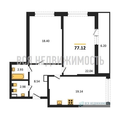 2-комнатная квартира, 77.12кв.м - изображение