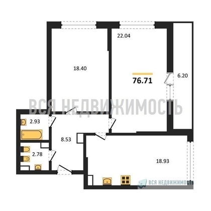 2-комнатная квартира, 76.71кв.м - изображение