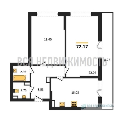 2-комнатная квартира, 72.17кв.м - изображение