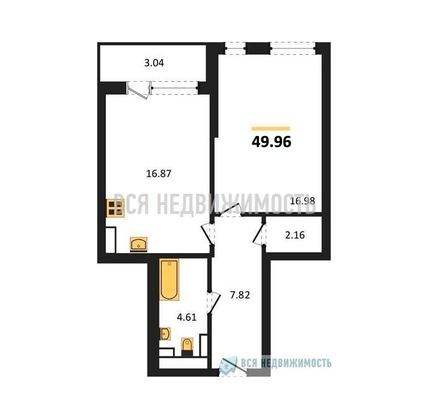 1-комнатная квартира, 49.96кв.м - изображение