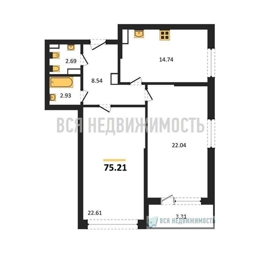 2-комнатная квартира, 75.21кв.м - изображение 0