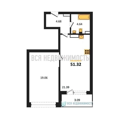 1-комнатная квартира, 51.32кв.м - изображение
