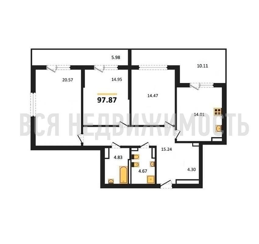 3-комнатная квартира, 97.87кв.м - изображение 0