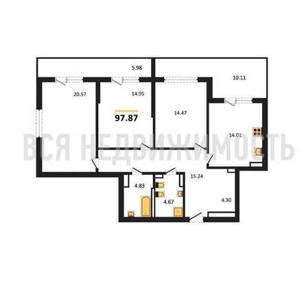 3-комнатная квартира, 97.87кв.м - изображение