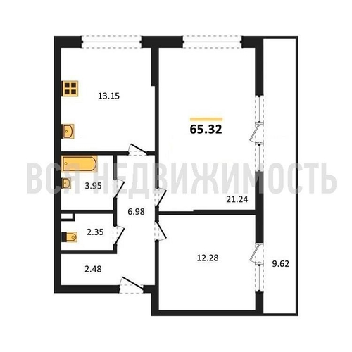2-комнатная квартира, 65.32кв.м - изображение 0