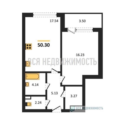 1-комнатная квартира, 50.3кв.м - изображение