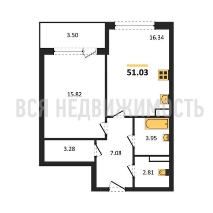 1-комнатная квартира, 51.03кв.м - изображение