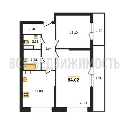 2-комнатная квартира, 64.02кв.м - изображение