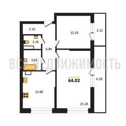 2-комнатная квартира, 64.02кв.м 2-комнатная квартира, 64.02кв.м - изображение 1