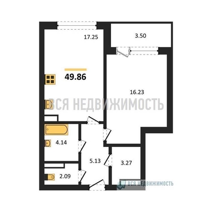 1-комнатная квартира, 49.86кв.м - изображение