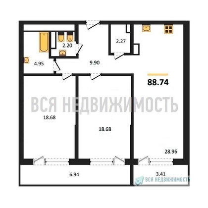 2-комнатная квартира, 88.74кв.м 2-комнатная квартира, 88.74кв.м - изображение