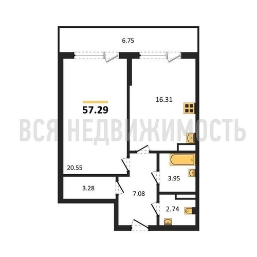 1-комнатная квартира, 57.29кв.м - изображение 0
