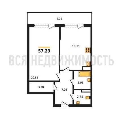 1-комнатная квартира, 57.29кв.м - изображение