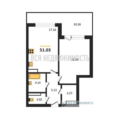 1-комнатная квартира, 51.03кв.м - изображение