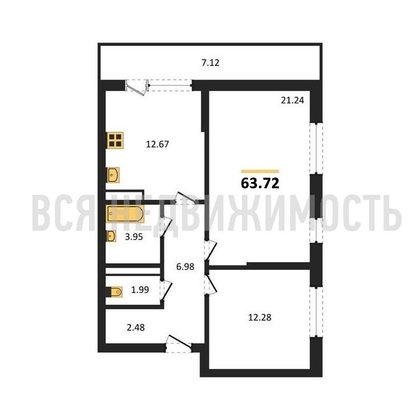 2-комнатная квартира, 63.72кв.м - изображение