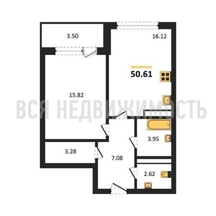 1-комнатная квартира, 50.61кв.м - изображение