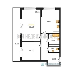 2-комнатная квартира, 69.01кв.м 2-комнатная квартира, 69.01кв.м - изображение 1