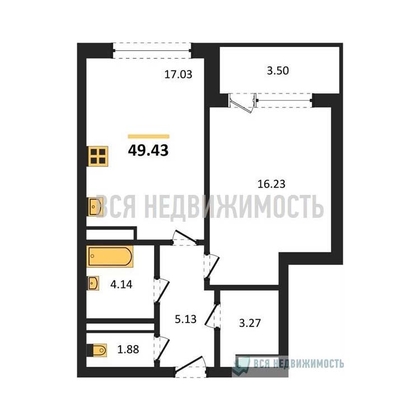 1-комнатная квартира, 49.43кв.м - изображение