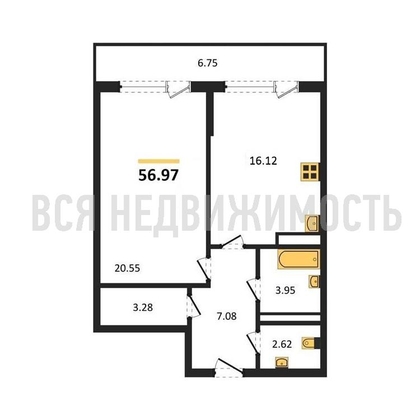 1-комнатная квартира, 56.97кв.м - изображение