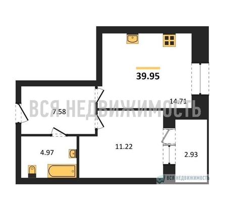 1-комнатная квартира, 39.95кв.м 1-комнатная квартира, 39.95кв.м - изображение