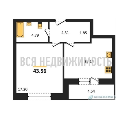 1-комнатная квартира, 43.56кв.м - изображение
