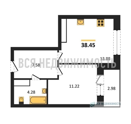 1-комнатная квартира, 38.45кв.м - изображение