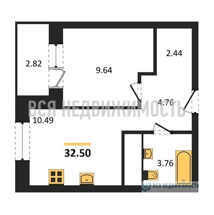 1-комнатная квартира, 32.5кв.м - изображение