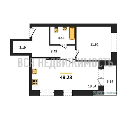 1-комнатная квартира, 48.28кв.м - изображение