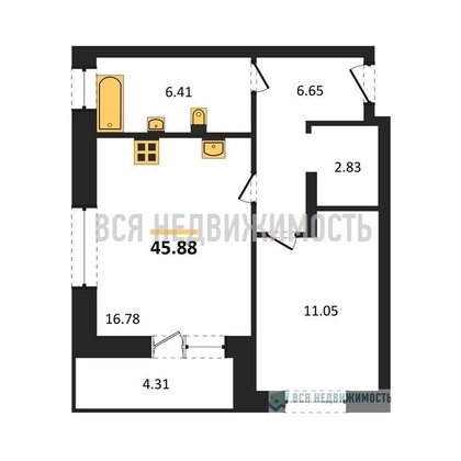 1-комнатная квартира, 45.88кв.м - изображение