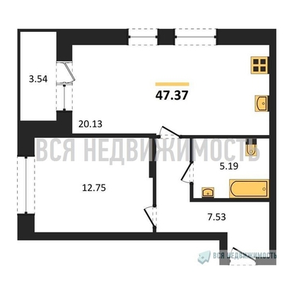 1-комнатная квартира, 47.37кв.м - изображение