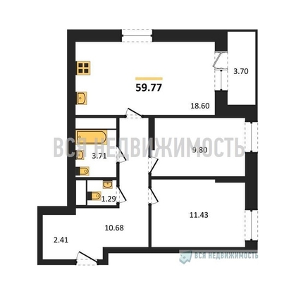 2-комнатная квартира, 59.77кв.м - изображение