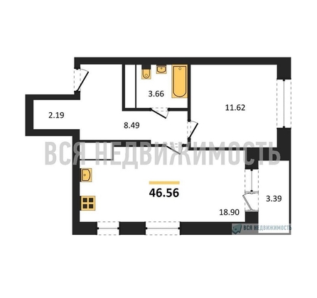 1-комнатная квартира, 46.56кв.м - изображение