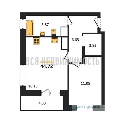 1-комнатная квартира, 44.72кв.м - изображение