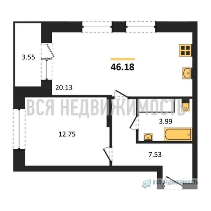 1-комнатная квартира, 46.18кв.м - изображение