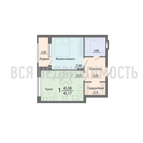 1-комнатная квартира, 45.17кв.м - изображение 0