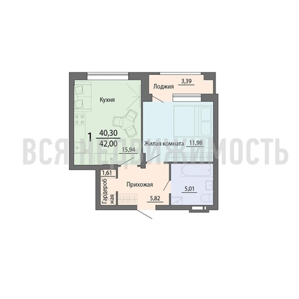 1-комнатная квартира, 42кв.м - изображение