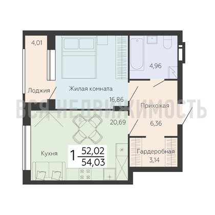 1-комнатная квартира, 54.03кв.м - изображение