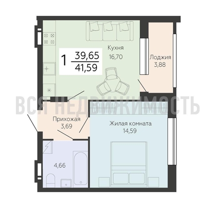 1-комнатная квартира, 41.59кв.м - изображение