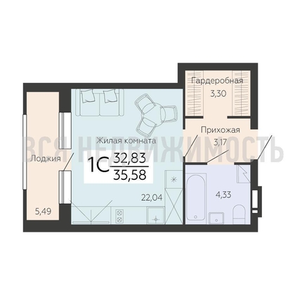 квартира-студия, 35,58кв.м. - изображение