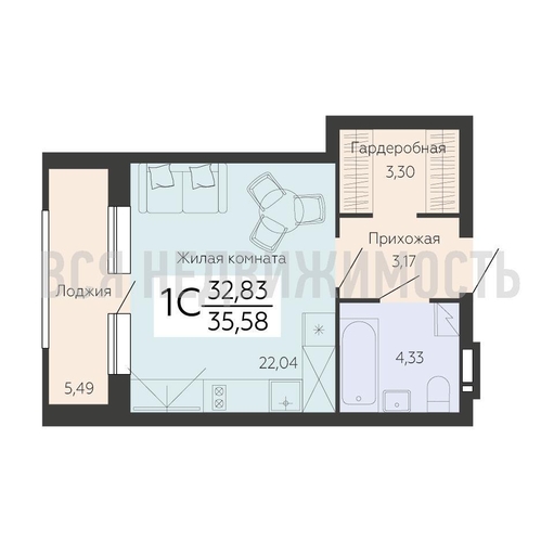 квартира-студия, 35,58кв.м. - изображение 0