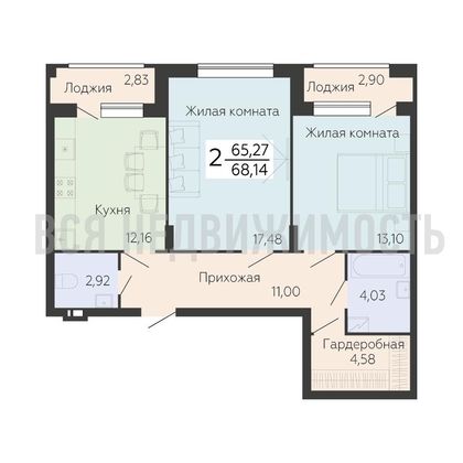 2-комнатная квартира, 68.14кв.м - изображение