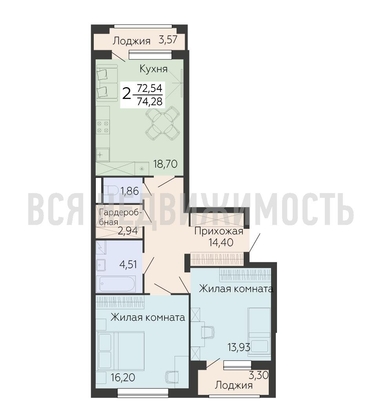 2-комнатная квартира, 74.28кв.м - изображение