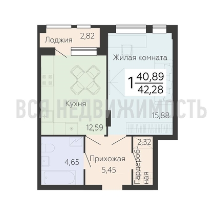 1-комнатная квартира, 42.28кв.м - изображение