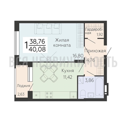 1-комнатная квартира, 40.08кв.м - изображение