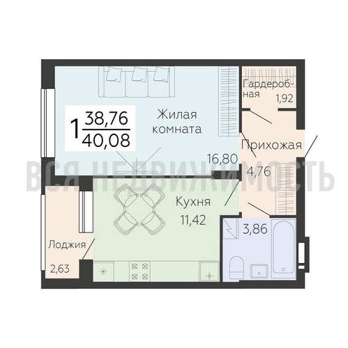 1-комнатная квартира, 40.08кв.м - изображение 0